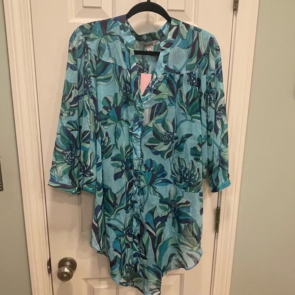 NEW $110 Badgley Mischka aqua swim cover up blue flowy semi sheer size medium - Picture 4 of 6
